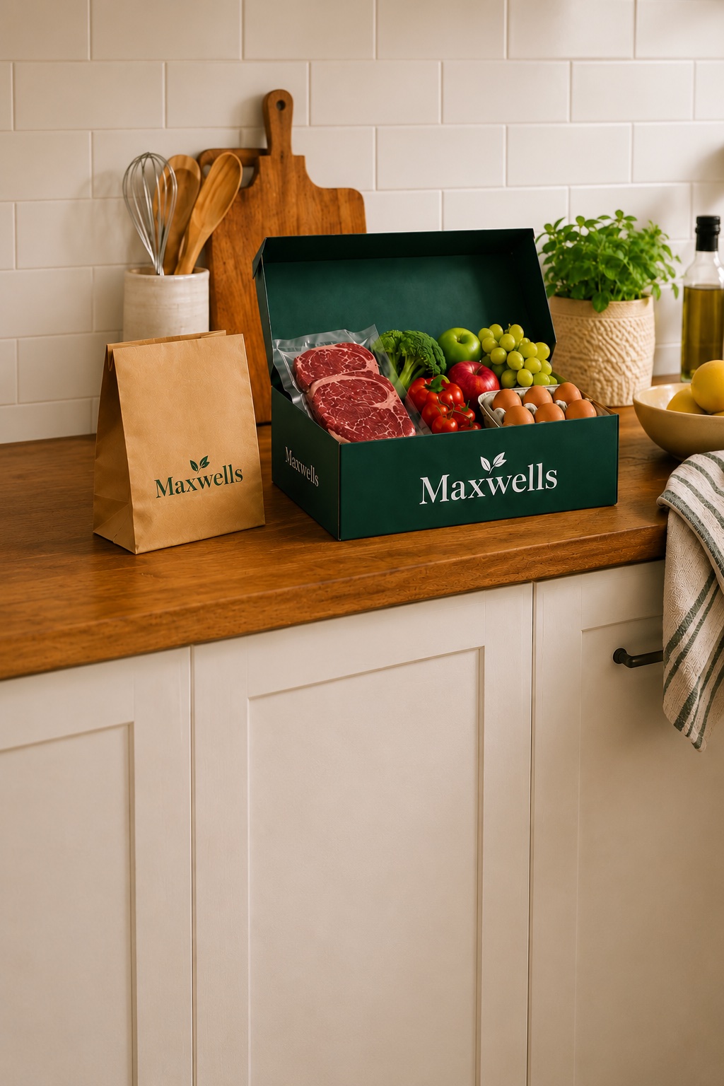 A Maxwells delivery of fresh British meat, fruit and vegetables sourced direct from UK suppliers