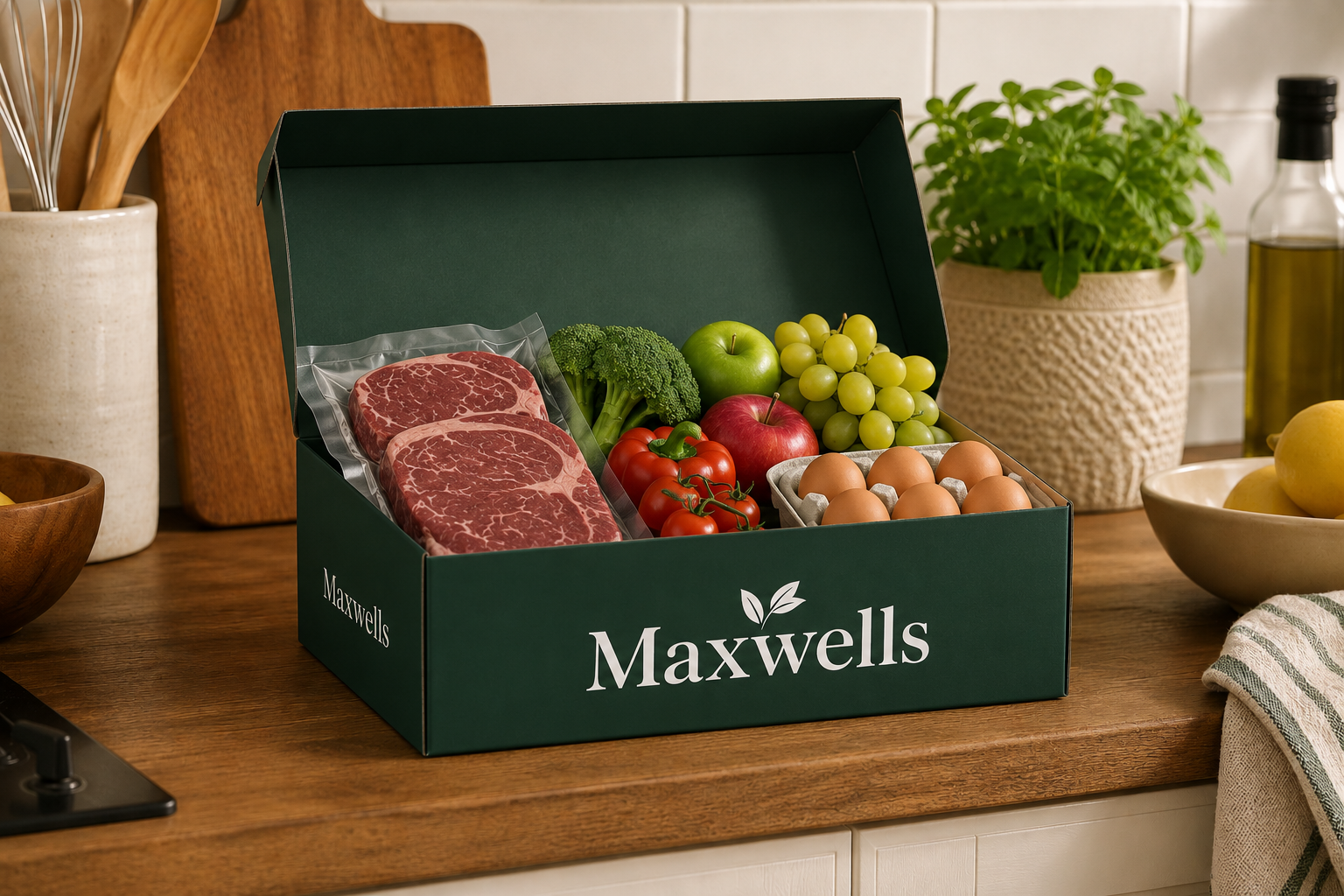 Maxwells farm shop box with fresh British meat, fruit and vegetables